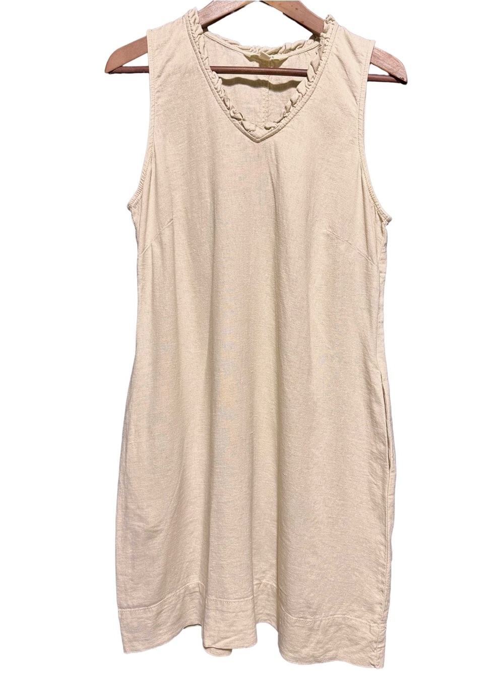 BRIGGS Linen Blend Ruffle Neck Shift Dress Cottagecore Coastal Minimal